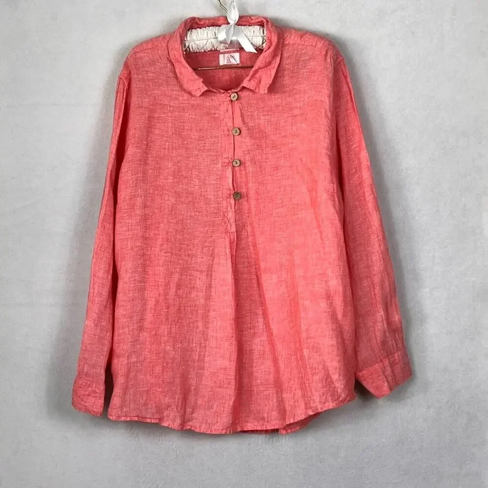 Sigrid Olsen Linen Tunic Shirt Women's 3X Deep Coral Roll-Tab Sleeves Lagenlook